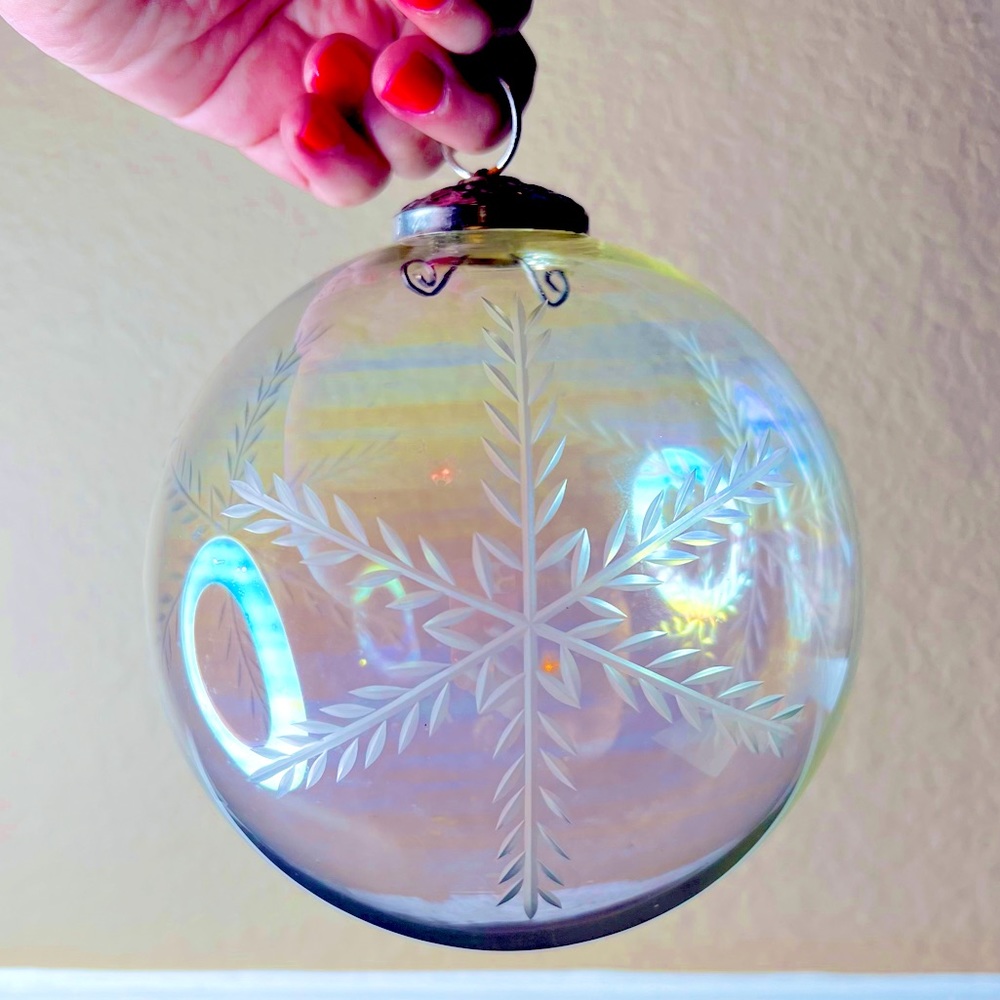 Vintage Iridescent Large Cut Glass Kugel Christmas Ornament Orb, Snowflake